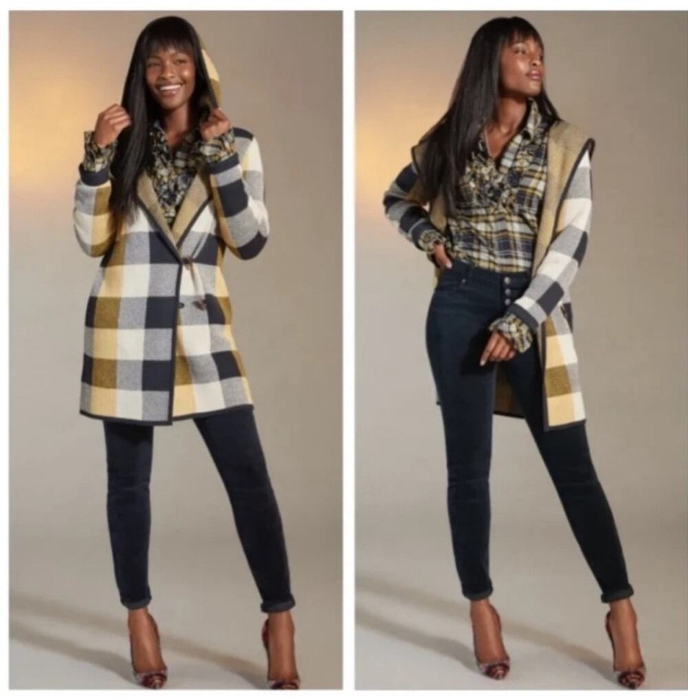 Cabi Women's Sweater Coat Hooded Cardigan Plaid Navy Yellow Size S Style #4229